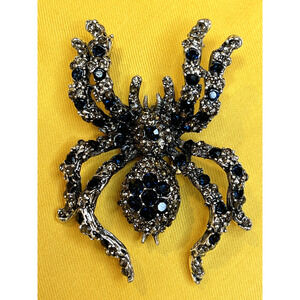 Silver Tone Spider Insect Brooch Pin Pendant Blue Rhinestone Glass Costume
